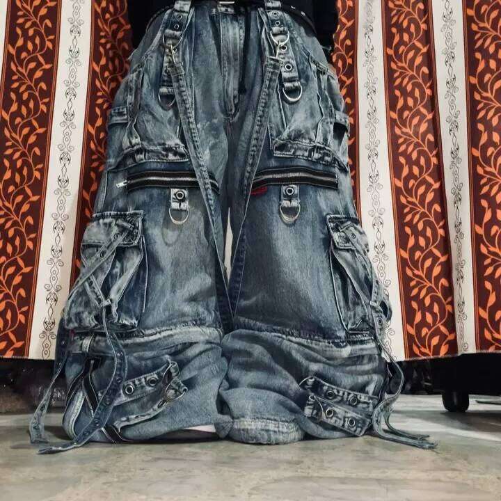 Retro Hip Hop Blue Y2k Cargo Pants with Large Pockets Zipper Baggy Straight Wide Leg Ripped Jeans Gothic Streetwear