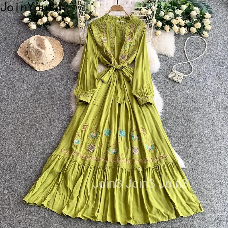 Vintage Woman Dress 2025 Vestidos De Mujer Slim Waist Ruffles Embroidery Robe Femme O-neck Lantern Sleeve Summer Maxi Dresses