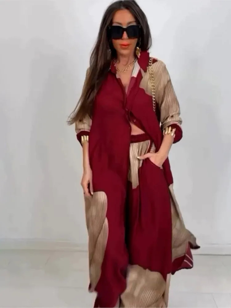 Female Fashion Print Set Casual Long Sleeve Loose Shirt Tops High Waist Wide Pants Sets Two Piece Sets For Women Spring Autumn 250617