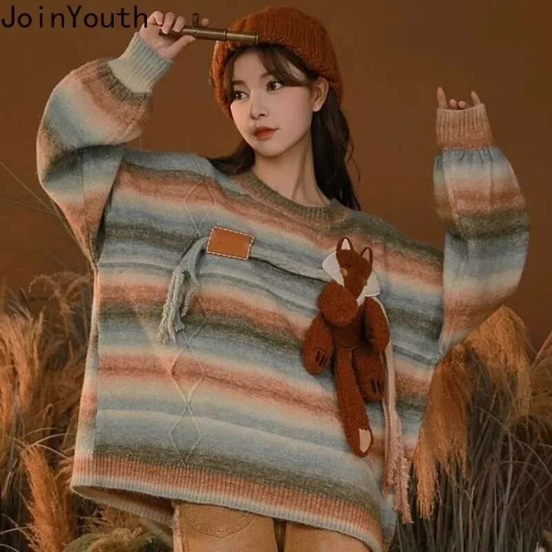 Anime Sweater Women Winter Clothing Korean Jumper Sueter Mujer O-neck Thicked Knitted Pullovers Tops Fashion Striped Pull Femme