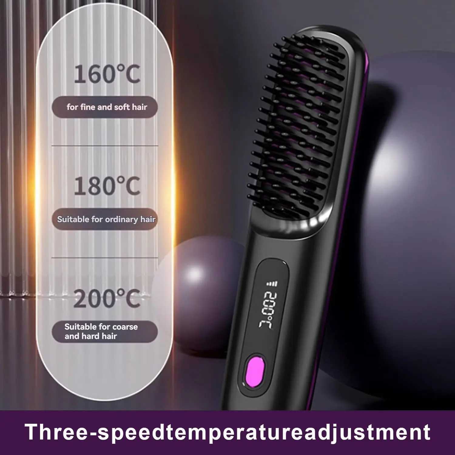 Electric LCD Usb Hair Straightener Brush -Portable Mini Hair Straightener Comb Dual Voltage with 3Temp-SettingsTravel-ReadyXJ250621