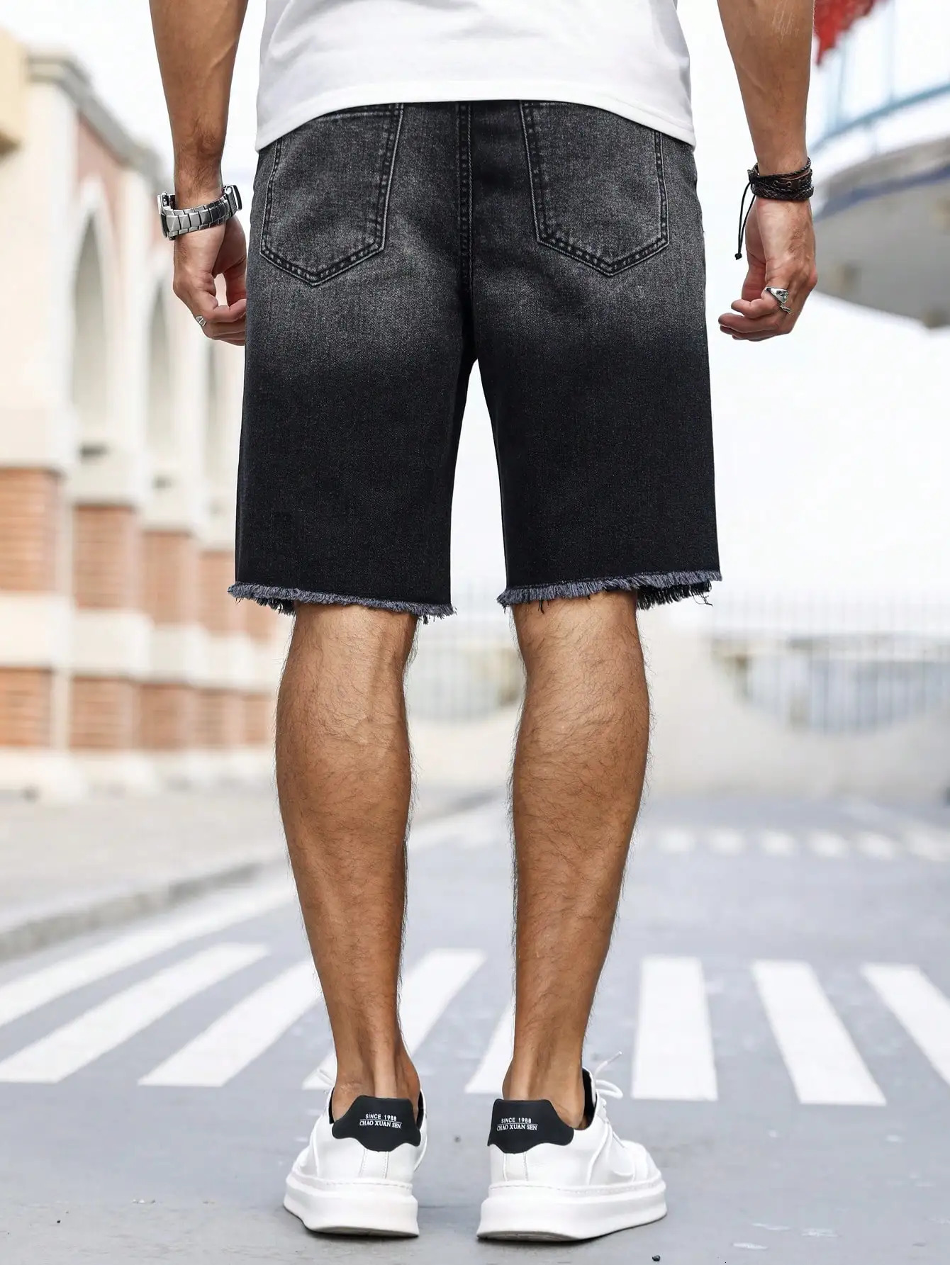 Mens summer denim printed shorts. Black - grey gradient color. Ripped details. Street - style trend. 250616