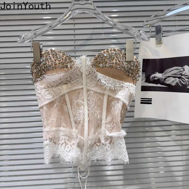 Fashion Tanks Women Heavy Diamond Slim Waist Tees Patchwork Lace Bandage Sexy Vest Crop Tops Backless Y2k Camis 2025 Ropa Mujer