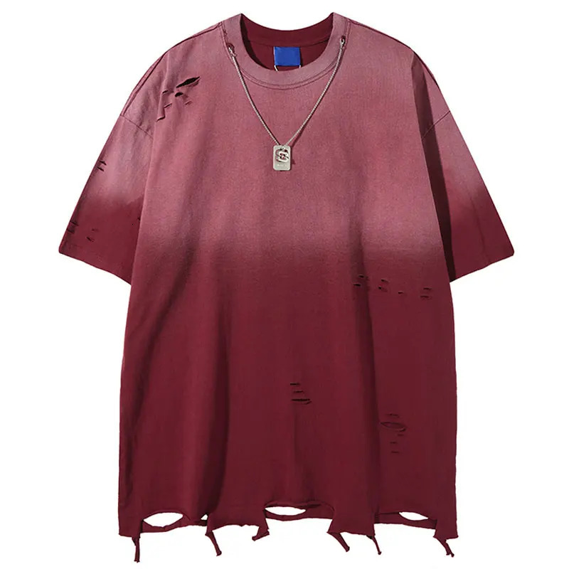 Vintage Men T-Shirt Y2K Grunge Ripped Hole Tie Dye Gradient Oversized T-shirt with Chain Hip Hop Punk Gothic Baggy Streetwear Top 250616