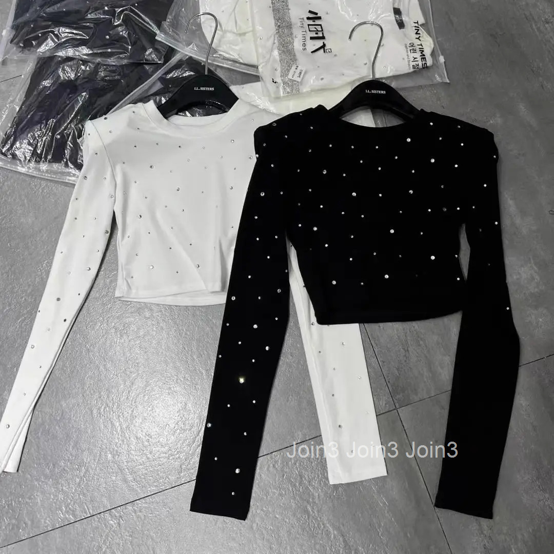 Crop Tops Fashion Tshirts for Women O-neck Long Sleeve Korean Tees 2025 Ropa Mujer Temperament Diamond Tunic Black Y2l Tshirt