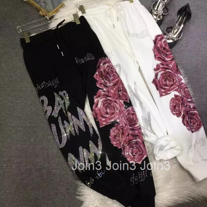 Streetwear Chic Pants for Women 2025 New Bottoms Heavy Diamond Letter Floral High Waist Trousers Korean Harajuku Y2k Harem Pants