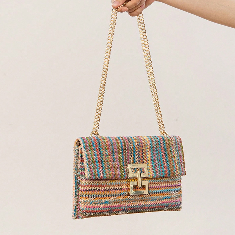 Free Shipping Designer Bag Women's Bag 2024 New Vacation Style Multi-compartment Chain Flap Twist Lock Straw Woven Shoulder Bag Luxury Bag Women&