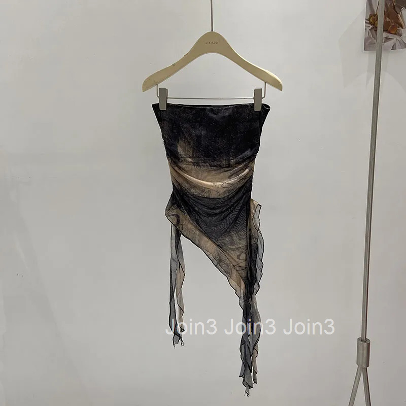 2025 Ropa Mujer Crop Tops Tie-dye Irregular Tanks Sexy Tees Fashion Gauze Tunic Y2k Top Summer Tassel Mesh Strapless Vest Women