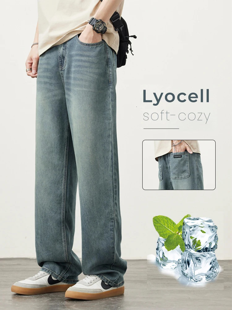 Lyocell Spring Summer Straight Jeans Mens Fashion Vintage Y2k Pants Streetwear Male Loose Casual Male Wide Denim Trousers 250617