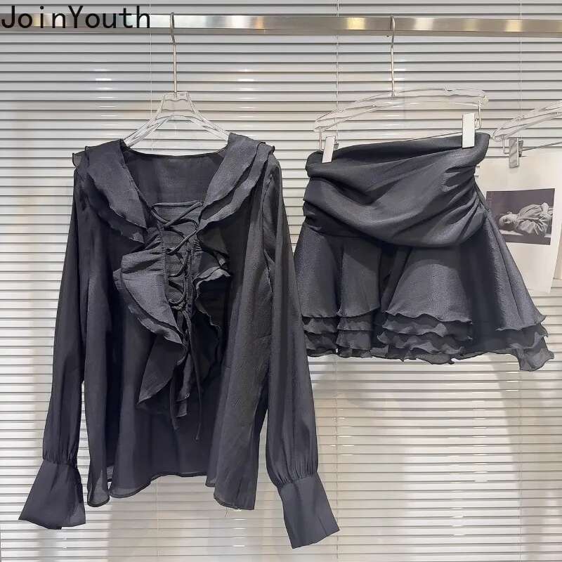 Skirt Suit Women Clothing Summer Two Piece Set V-neck Long Sleeve Blouse High Waist A-line Mini Skirt Outfits Chic Chiffon Sets