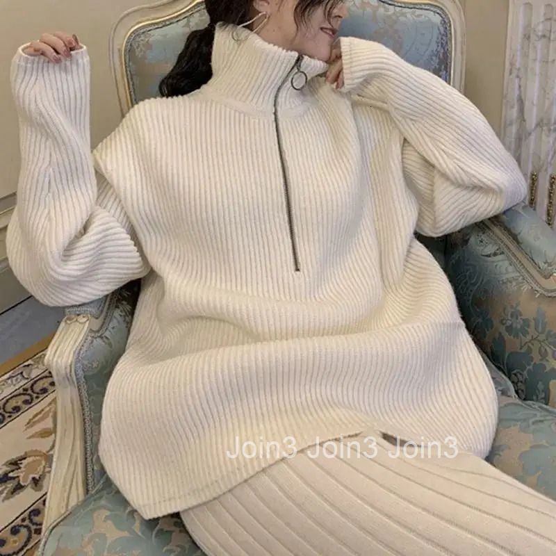 Knitted Women Piece Sets Roupas Femme Half Zipper Oversized Pullovers Straight Wide Leg Pants Suit Fashion Casual Korean Outfits