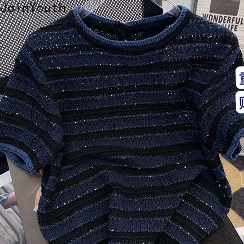 Shirts for Women Knit Tshirts 2025 Ropa Mujer Short Sleeve O-neck Striped T Shirts Y2k Tops Chic Casual Summer Tees Crop Top