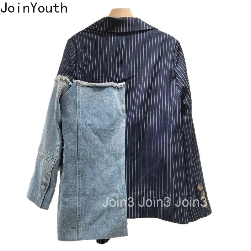 Womens Suit Jacket Striped Patchwork Denim Outwear Streetwear Y2k Tops Fashion Outwear Casual Irregular Coat 2025 Ropa Mujer