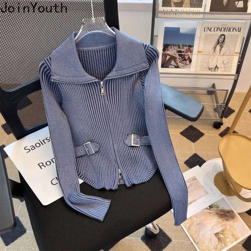 Fashion Cropped Cardigan Jackets Women Y2k Tops Pull Femme Long Sleeve Slim Fit Zipper Sueter Mujer Casual Knitted Sweater Coat