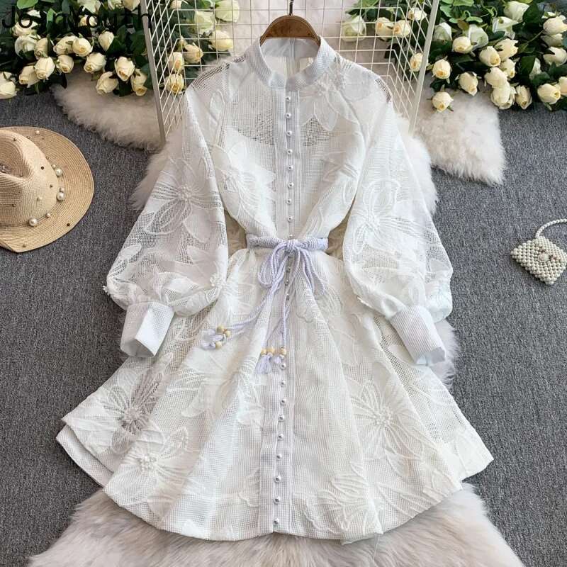 2025 Vestidos De Mujer Embroidery Dresses for Women Stand Neck Lantern Sleeve Single Breasted Robe Femme Fashion Summer Dress