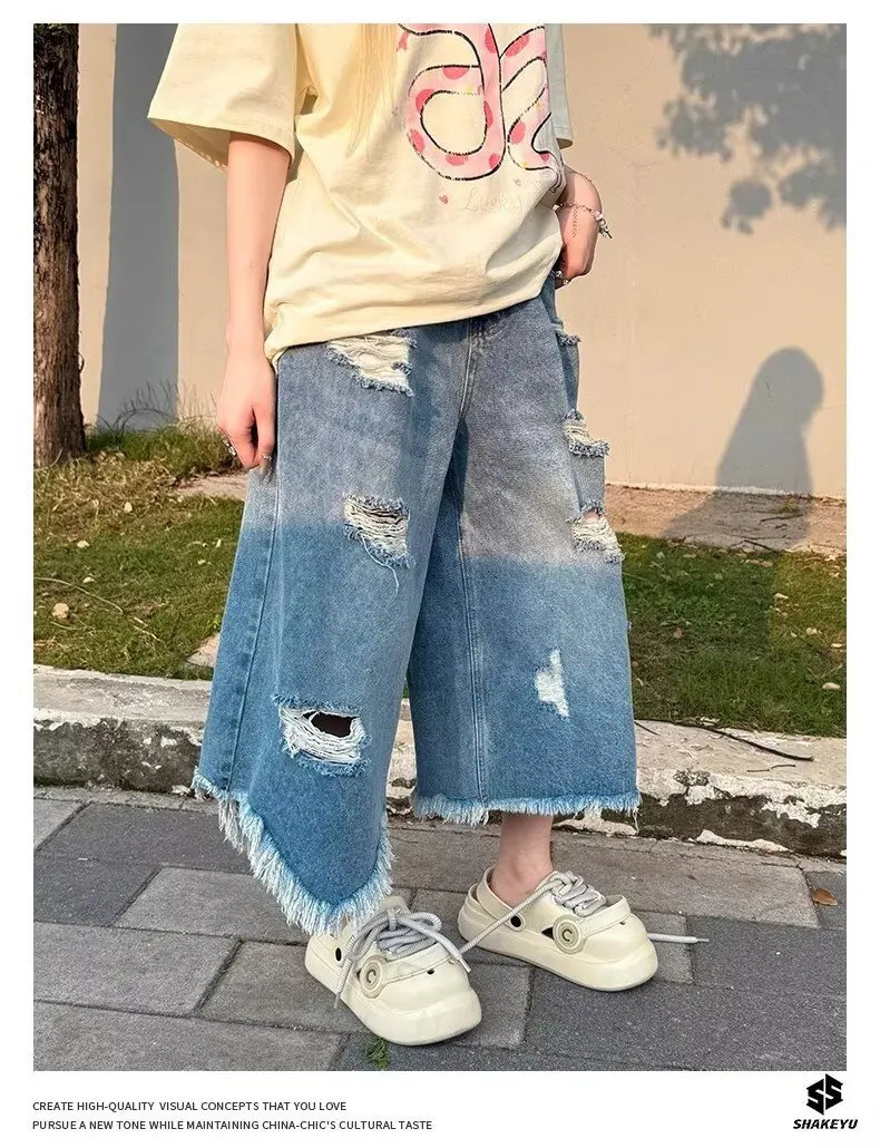 DM Vintage Ripped Denim Shorts Men Streetwear Harajuku Baggy Jeans Shorts Summer Casual Loose Shorts 250617
