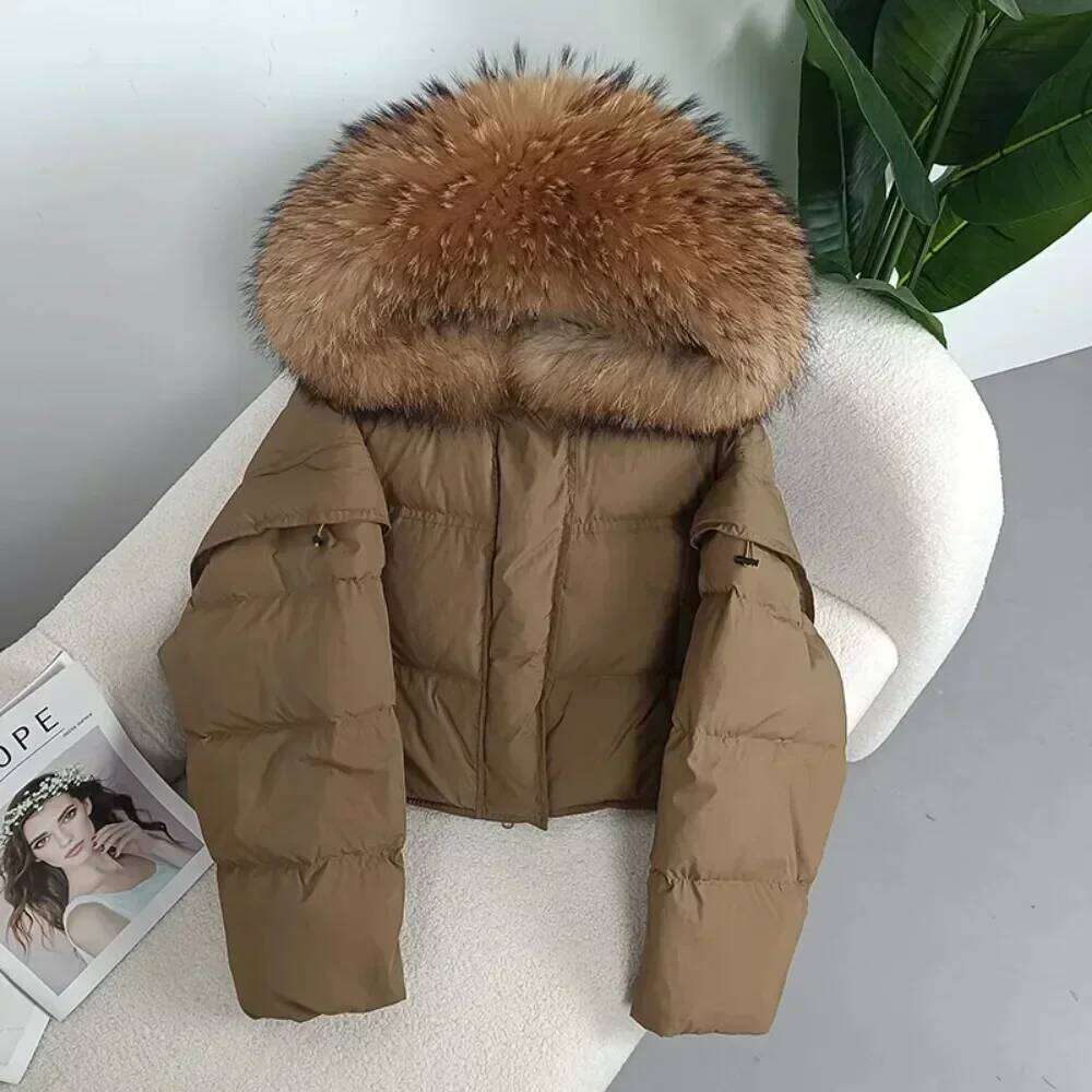 Designer Leisure High Quality Real Raccoon Fur Collar Hooded Detachable Sleeve Jacket Duck Down Loose Fashionable Streetwear Outerwear Autumn Winter W