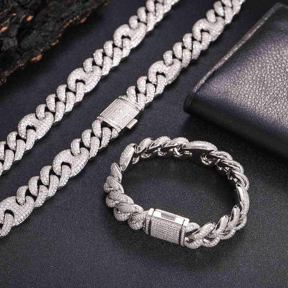 Zircon Necklace 15mm Three-to-One Pig Nose Bubble Cuban Chain Hip-Hop Men's Bracelet Jewelry df74