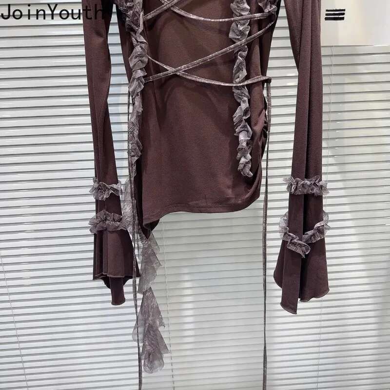 Y2k Tshirts Women Long Sleeve O-neck Tunic Tees Patchwork Gauze Ruffles Tassel Camisetas Fashion Sexy T-shirts 2025 Ropa Mujer