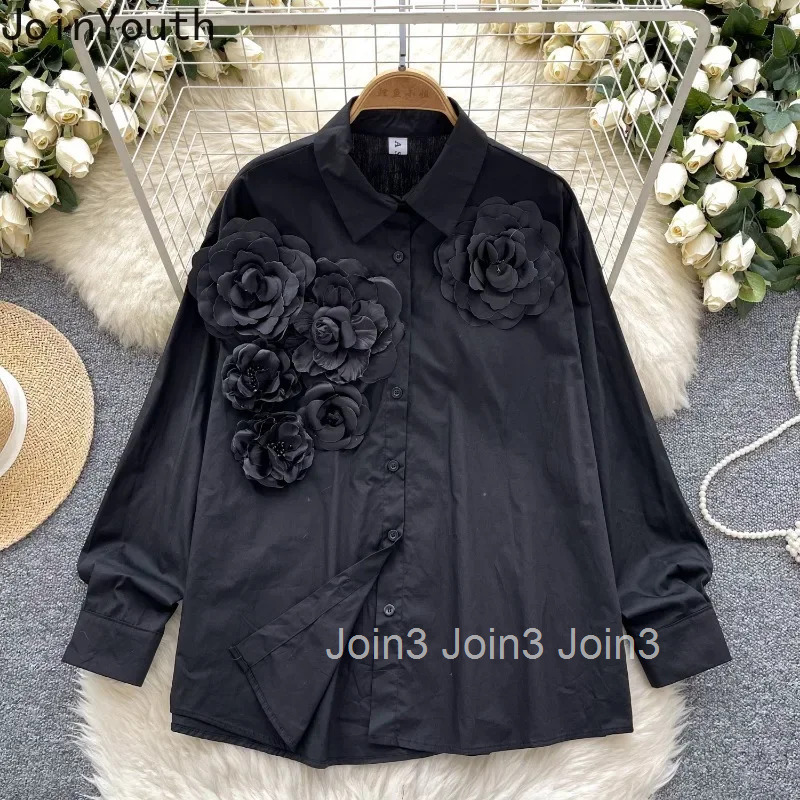 Temperament Blouses for Women 2025 Camisas De Mujer 3D Floral Temperament Shirts White Tops Vintage Long Sleeve Korean Blouse
