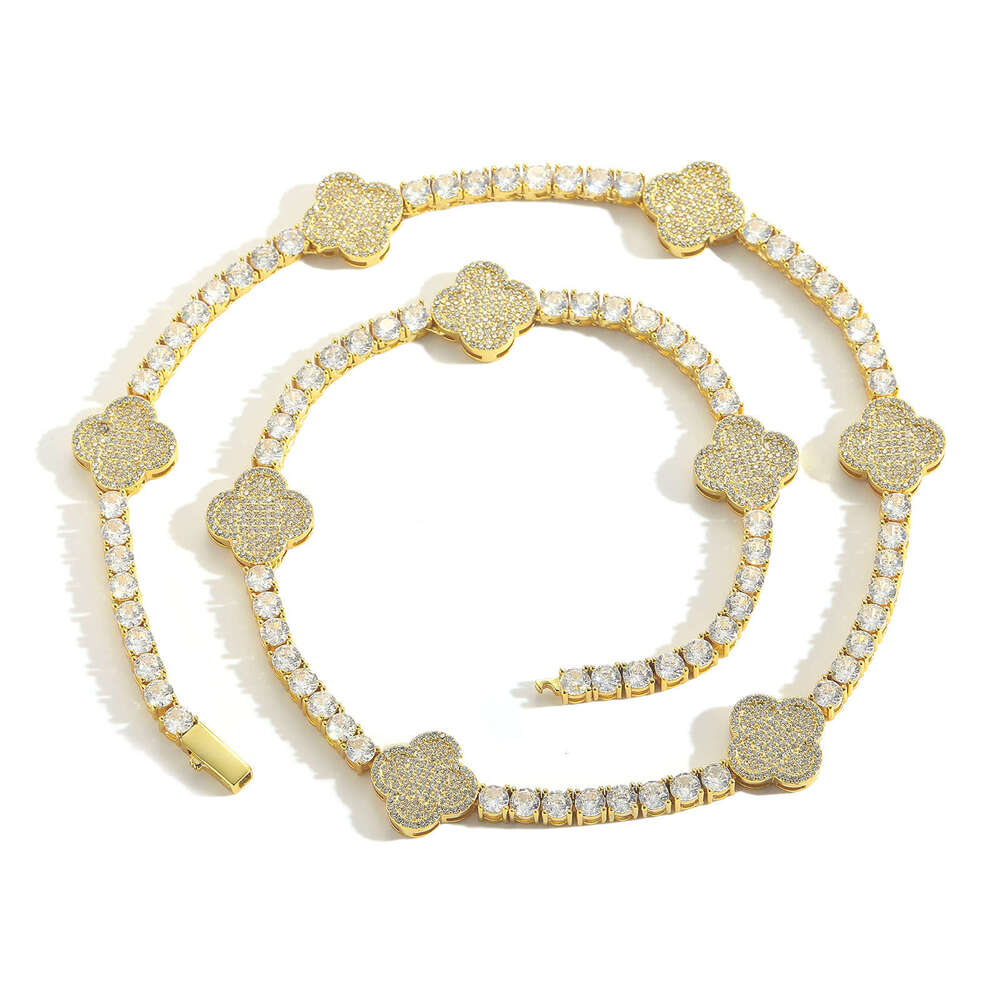 MISA Hip-Hop Necklace One Row Dia Four-Leaf Clover Tennis Trendy Unisex Zircon Versatile Clavicle Chain 9075