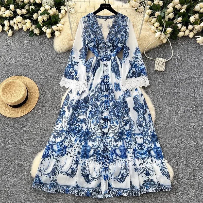 2025 Vestidos De Mujer Floral Dresses Women Clothing V-neck Flare Sleeve High Waist Robe Femme Vintage Summer Eleganr Maxi Dress