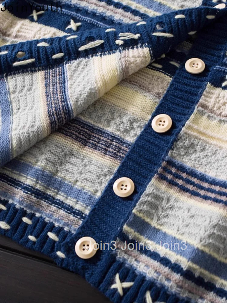 Knitwear Women Cardigan Jackets Pull Femme O-neck Vintage Fashion Striped Knitted Sweater Tops Casual Korean Sueter Mujer 63a526