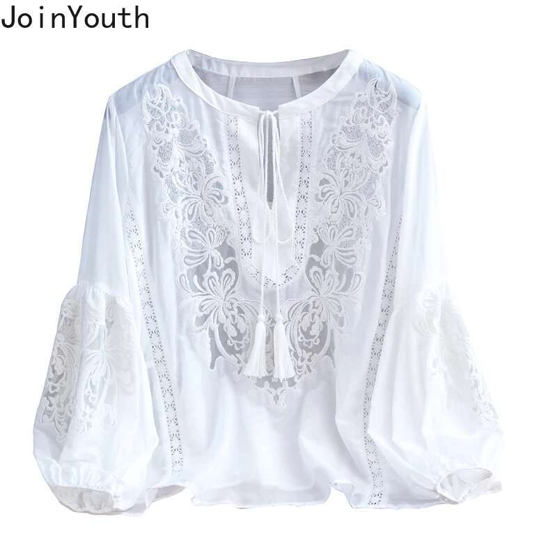 Blusas Mujer De Moda 2025 Summer Elegant Blouses Womens Clothing Embroidery Lantern Sleeve Shirts Loose Lace White Tops Femme