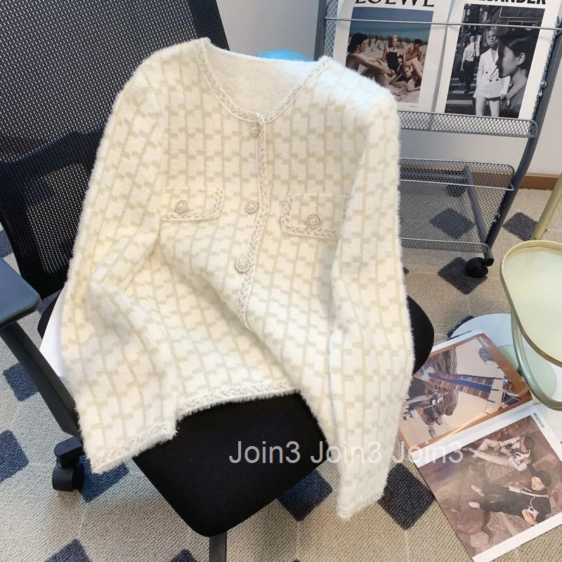 Knitwear Plaid Cardigan Jackets Women Autumn Winter Clothing Sueter Mujer Soft Furry Knit Sweater Tops Loose Vintage Pull Femme