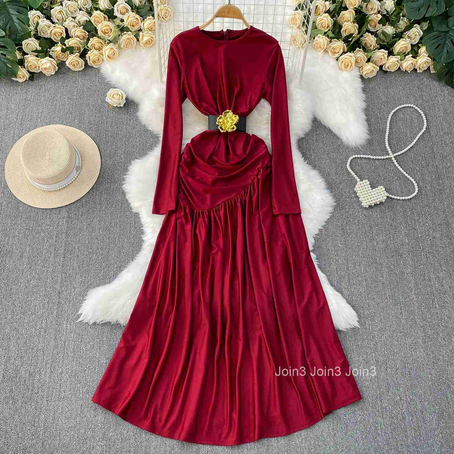 Maxi Dresses Women O-neck Long Sleeve Slim Waist Temperament Robe Femme 2025 Vestidos De Mujer Chic Floral Korean Summer Dress
