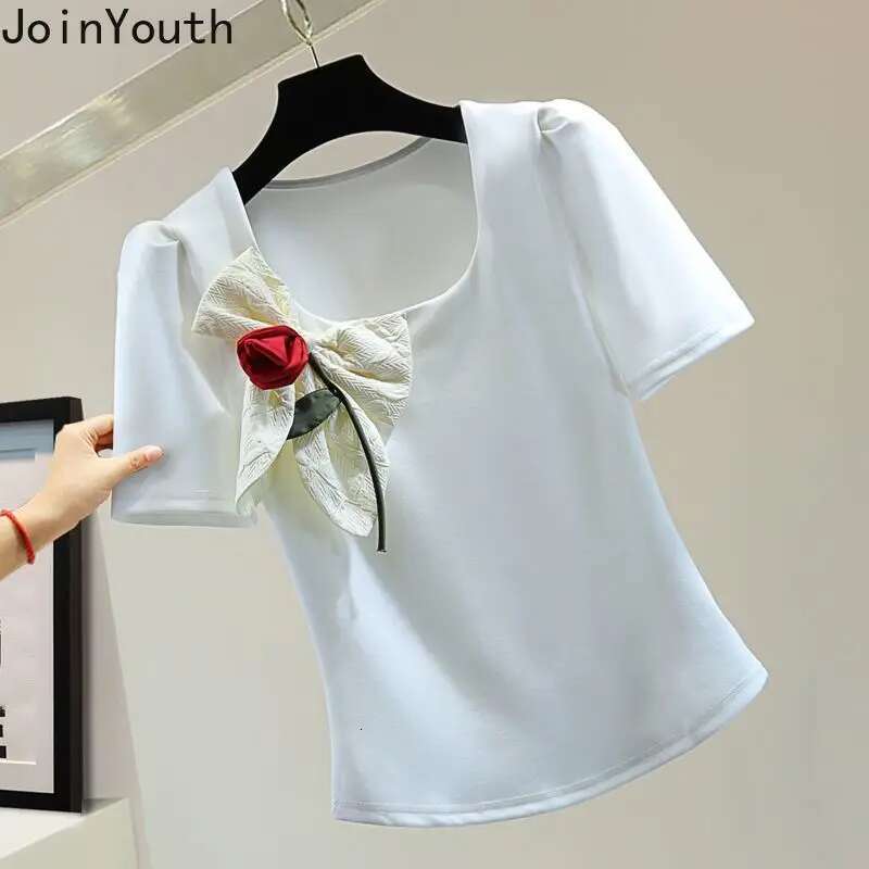 White Woman T Shirts Square Collar Puff Sleeve Tunic Tees Fashion Korean Camisetas 2025 Ropa Mujer Bow Sweet Summer T-shirt Tops