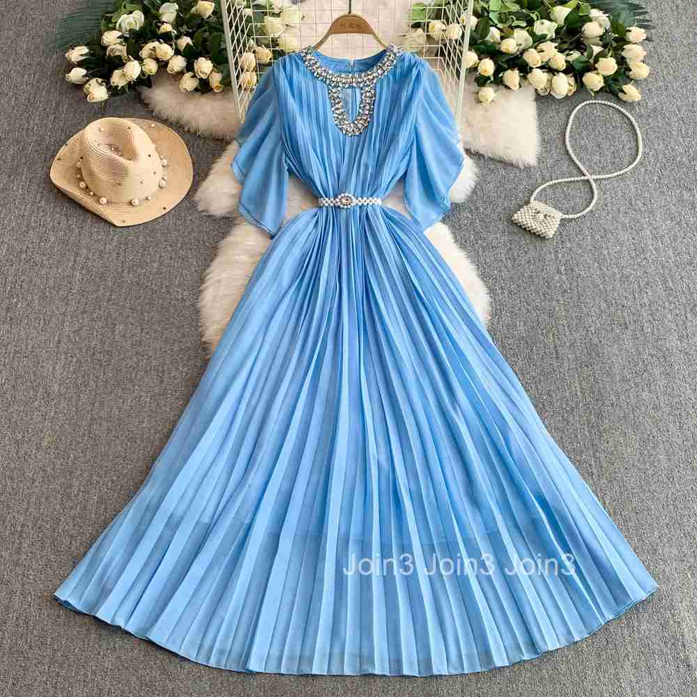 2025 Vestidos De Mujer Summer Dresses for Women Flying Sleeve Slim Waist Chic Robe Femme Heavy Diamond Hollow Out Pleated Dress