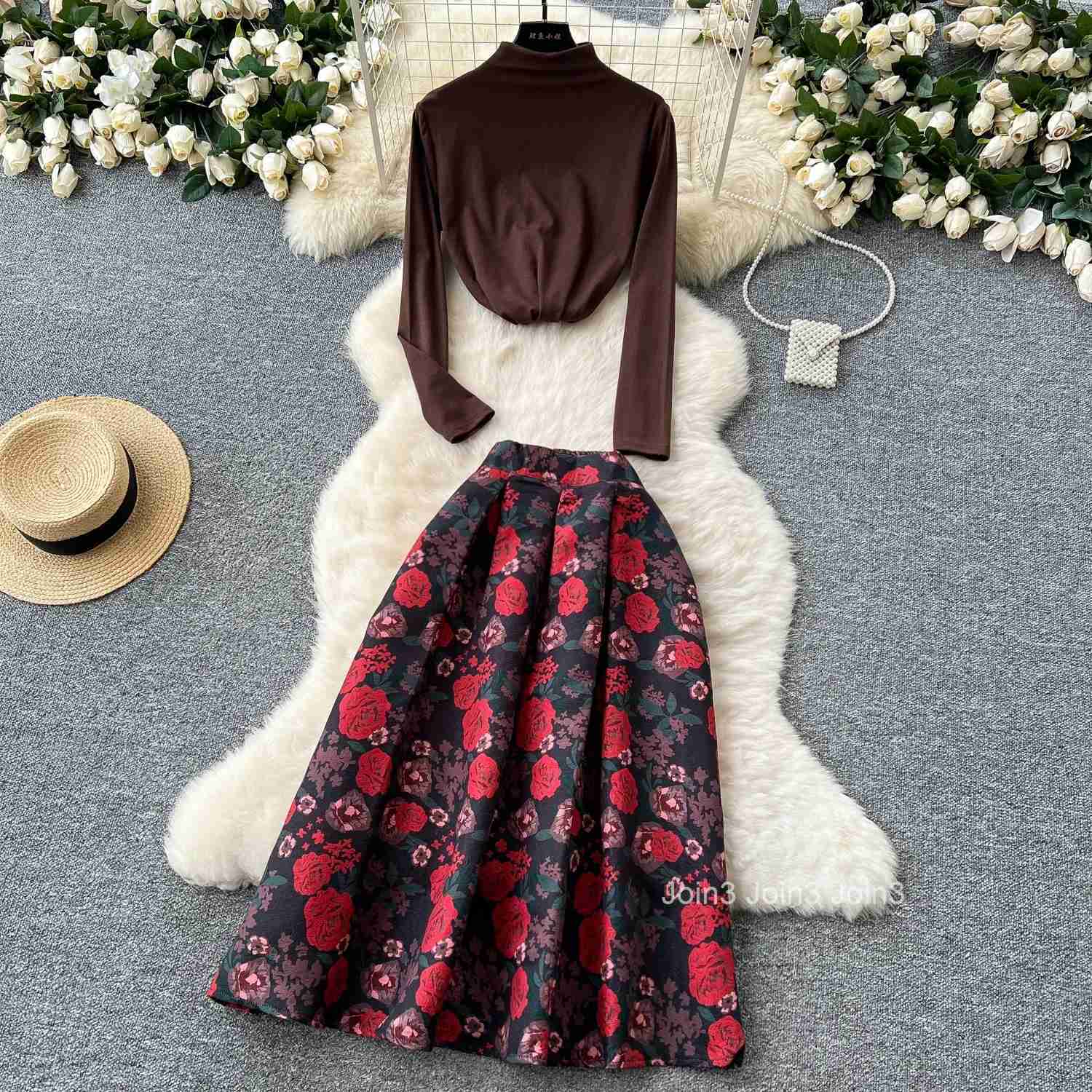 Two Piece Sets for Women High Waist Floral A-line Skirt Long Sleeve Tunic Tops Outfits Roupas Femme Fashion Korean Vintage Suit