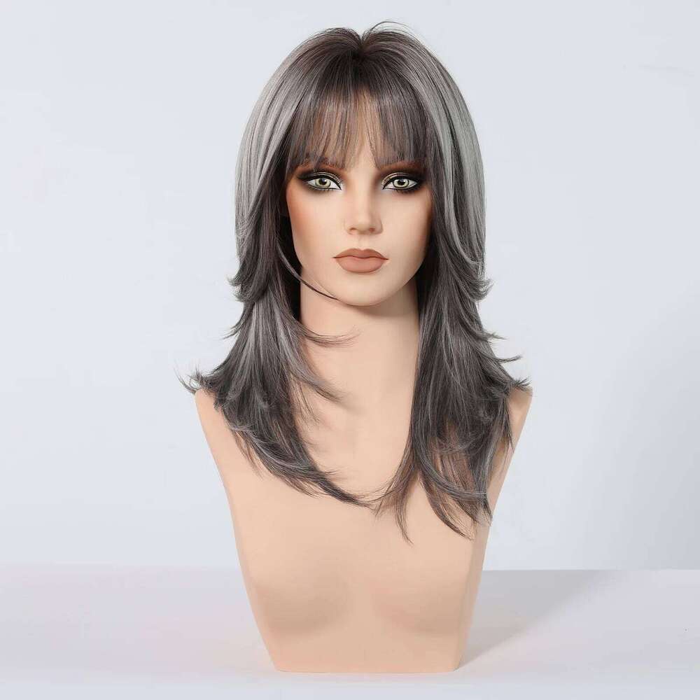 Medium Length Straight Gray Layered Synthetic Wigs With Bangs For Women Party Cosplay Natural Heat Resistant Fake Hair