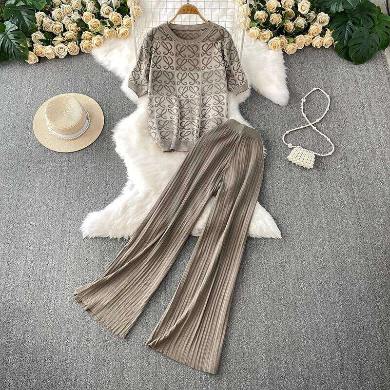 Designer Leisure High Quality Fashion casual suit women's summer new loose print round neck knitted T-shirt top+high waist slimming wide leg pant