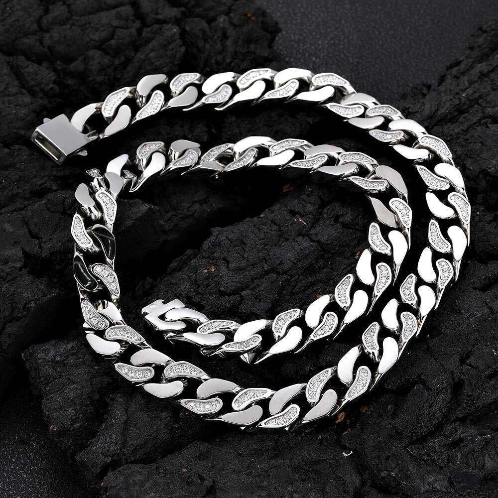 Hip Hop 12mm Stainless CNC Semi-Inlaid Dia Zirconia Four-Sided Polished Cuban Chain Titanium Steel Necklace 6c2c