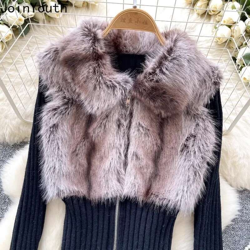Patchwork Furry Cropped Cardigan Coat Womens Clothing Zipper Slim Fit Sueter Mujre Y2k Tops Fashion Casual Knitting Sweater