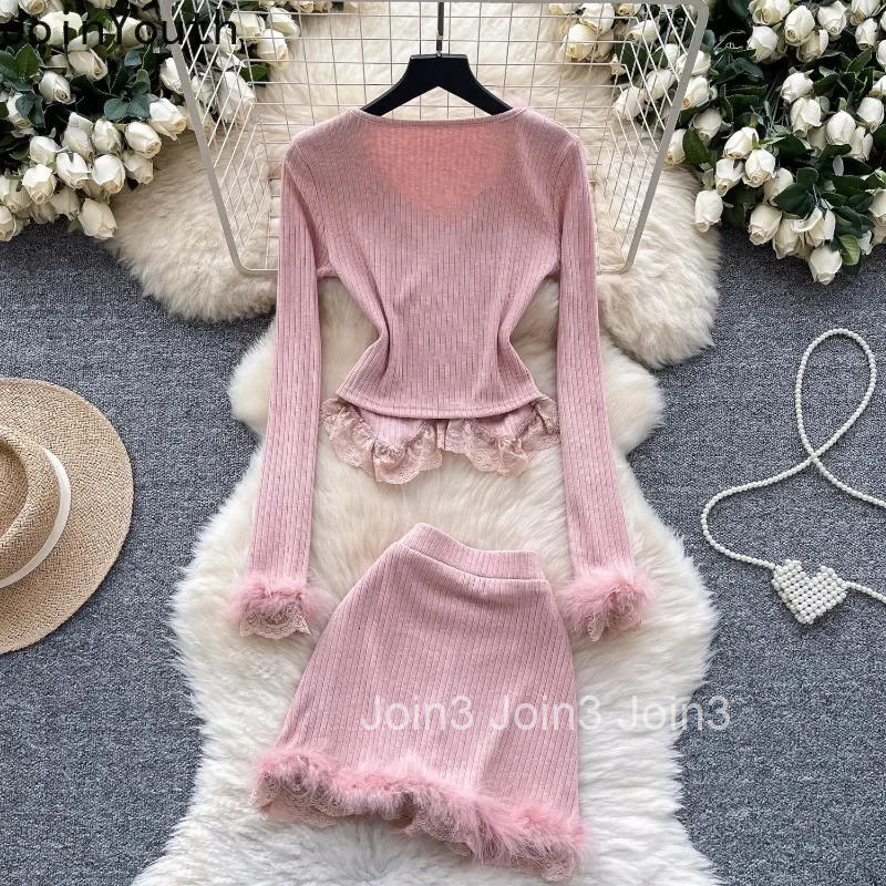 Skirts Ouftis Korean Two Piece Sets Womens Clothing Patchwork Lace V-neck Tops Ruffles Bodycon Mini Skirt Suit Chic Knitted Set