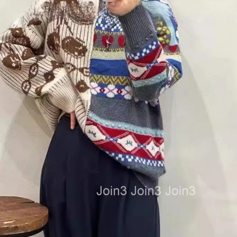 Contrast Color Jumper Vintage Loose Pullovers Womens Clothing O-neck Casual Thicked Knitted Sweater Tops Fashion Sueter Mujer