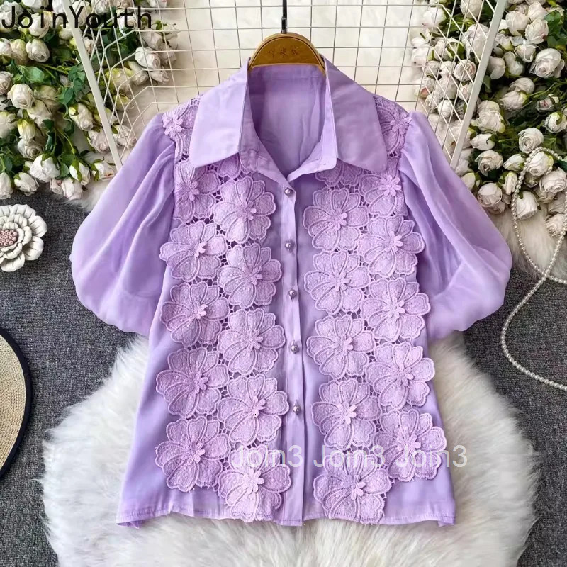 Camisas De Mujer White Blouse for Women 2025 Lace Floral Embroidery Short Sleeve Shirts Vintage Loose Summer Blouses Tops Female