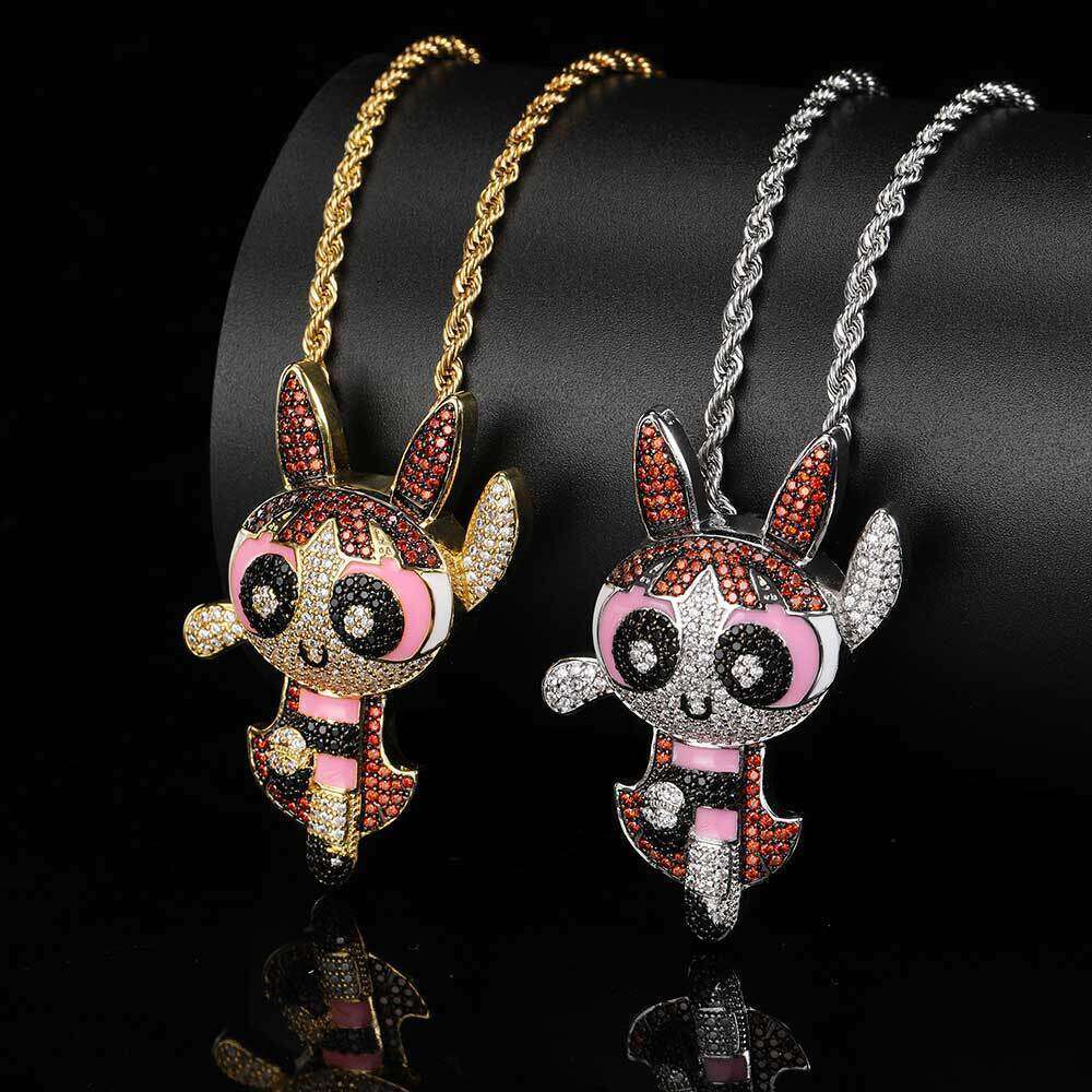 Hip Hop Cartoon Anime Powerpuff Girls Blossom Trendy Brand Copper Inlaid Zircon Men's Pendant Necklace 546e
