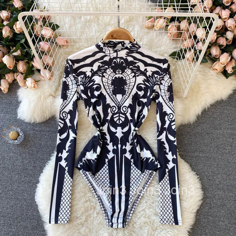 Print Sexy Jumpsuit 2025 Women Clothing Stand Neck Long Sleeve Tunic Bodysuit Fashion Romper Ropa Mujer Korean Playsuit Y2k Tops