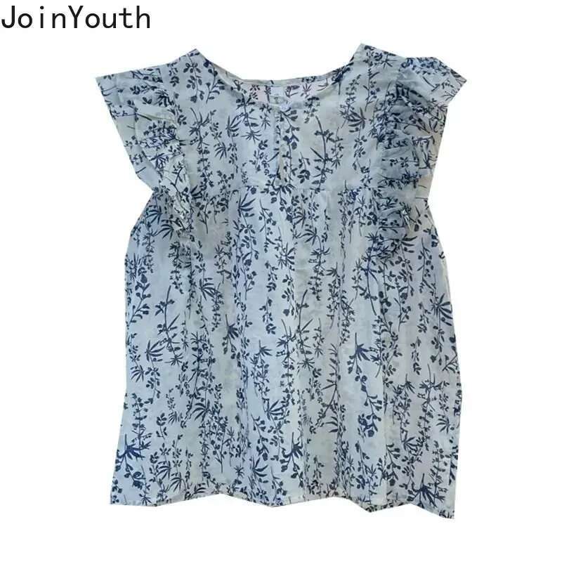 Summer Blouse Women 2025 Blusas Mujer De Moda O-neck Sleeveless Vintage Shirts Loose Floral Blouses Flying Sleeve Ruffles Tops