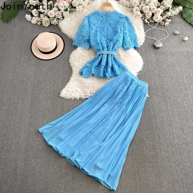 Skirt Suit 2 Piece Sets Womens Outfits Roupas Femme Slim Waist Lace Blouse High Waist Pleated Skirts Suit Vintage Summer Set