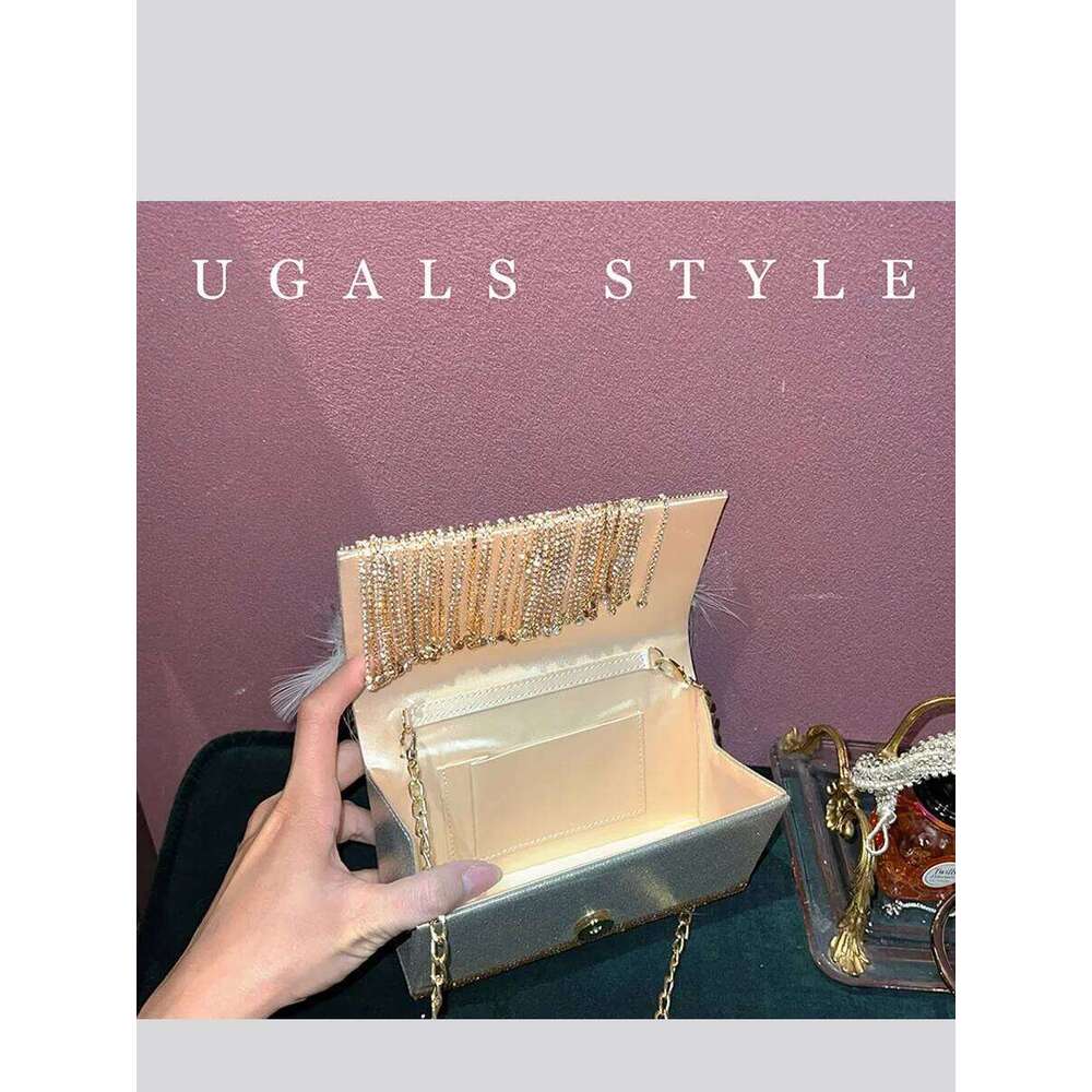 Designer Bag Rhinestone Evening Purses For Women Tassel Ostrich Feather Shiny Dinner Party Wedding Handbag Bucket Shoulder Bag