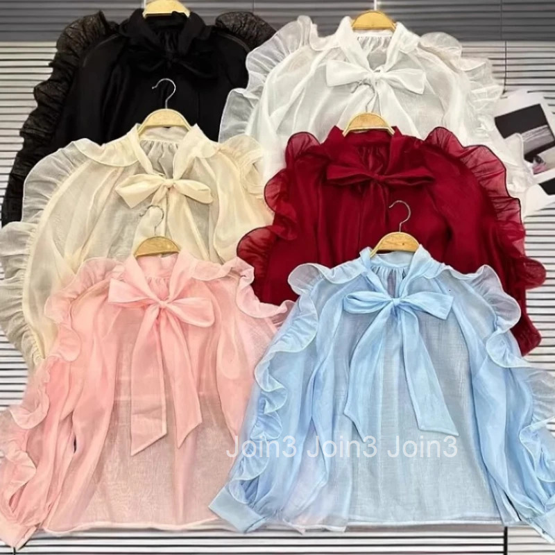 Chic Women Blouses Bandage Bow Chiffon Shirts 2025 Camisas De Mujer Ruffles Long Sleeve Sweet Tops See Through Summer Blouse