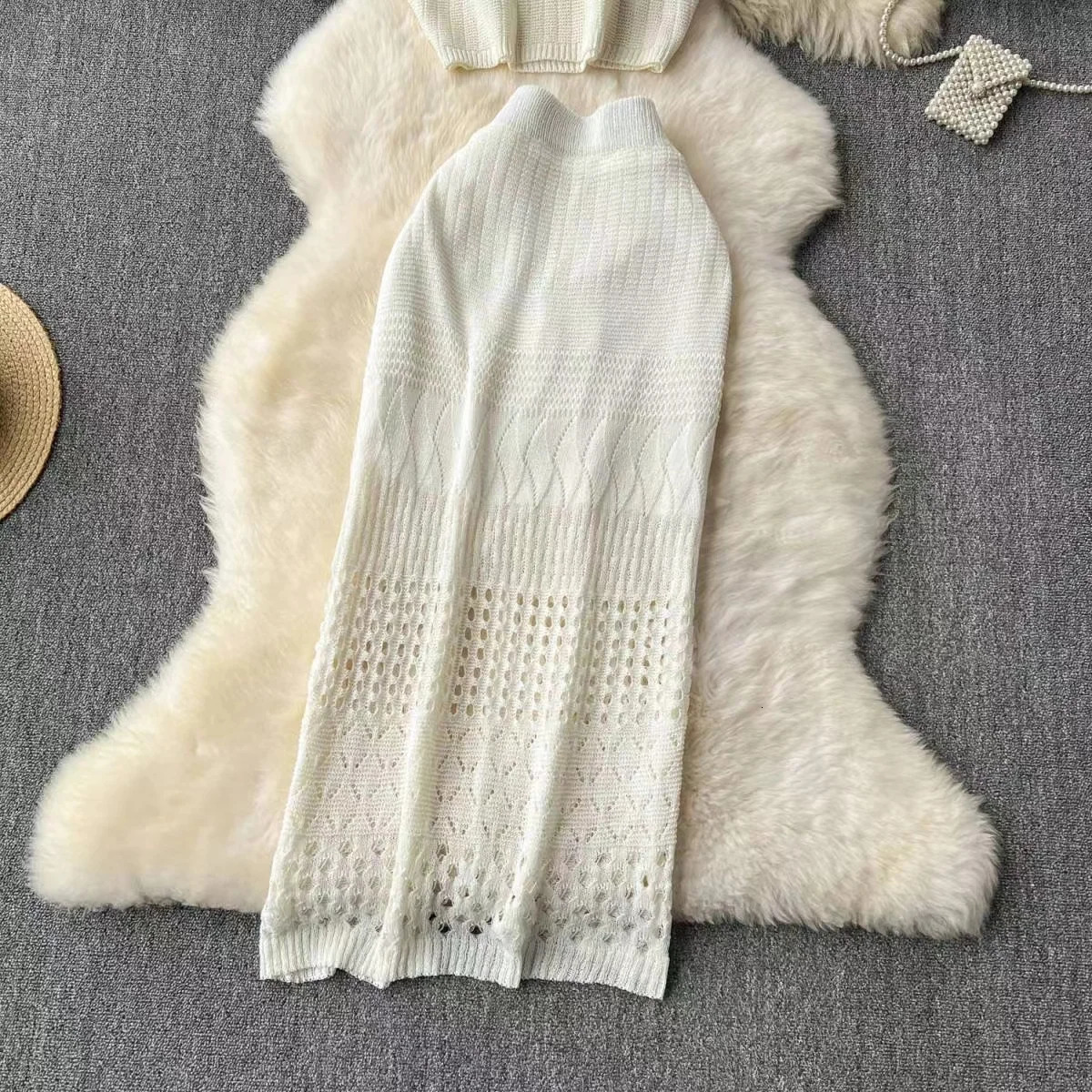 Style Knitting Solid Color Tank Top Texture Slit Dress Ladies Beach Sunscreen Suit Hollow Out Beachwear Cover Up 250616