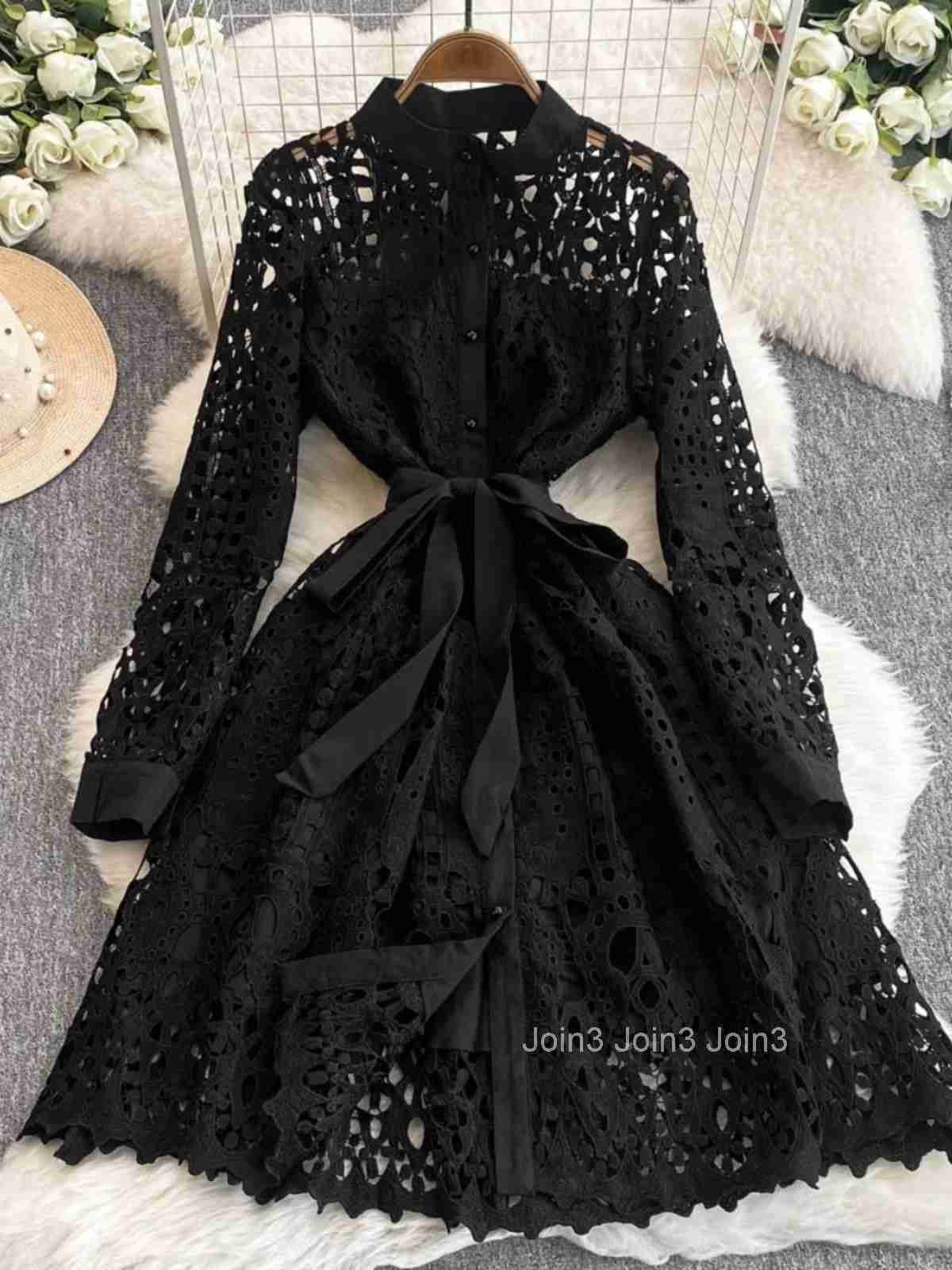 Temperament Robe Femme Vintage Dresses for Women 2025 Vestidos De Mujer Bandage Slim Waist Single Breasted Lace Hollow Out Dress