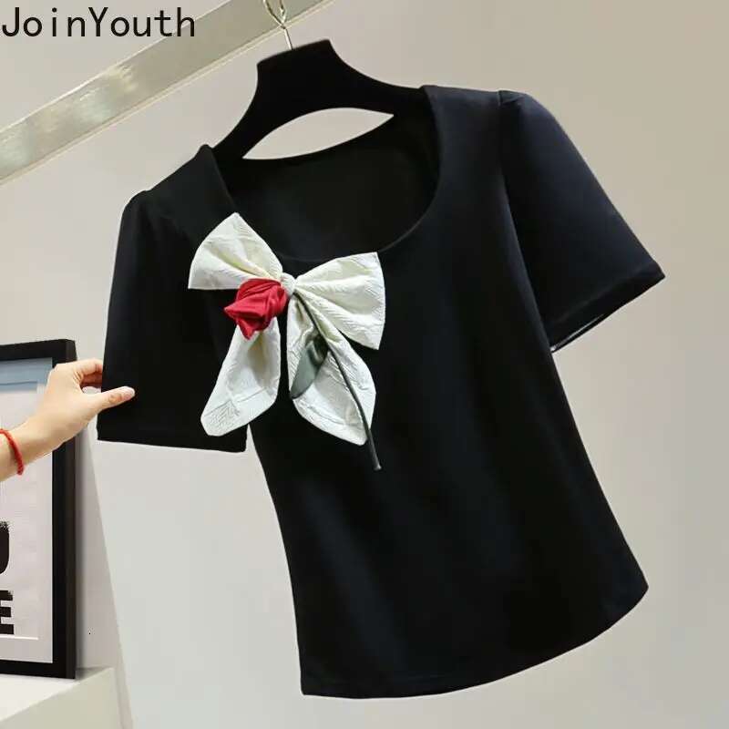 White Woman T Shirts Square Collar Puff Sleeve Tunic Tees Fashion Korean Camisetas 2025 Ropa Mujer Bow Sweet Summer T-shirt Tops