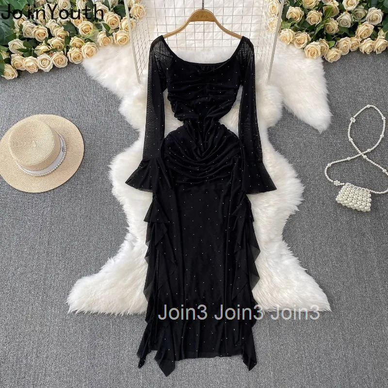 2025 Vestidos De Mujer Flare Sleeve Square Collar Dress Women Tunic Folds Temperament Robe Femme Ruffles Summer Maxi Dresses